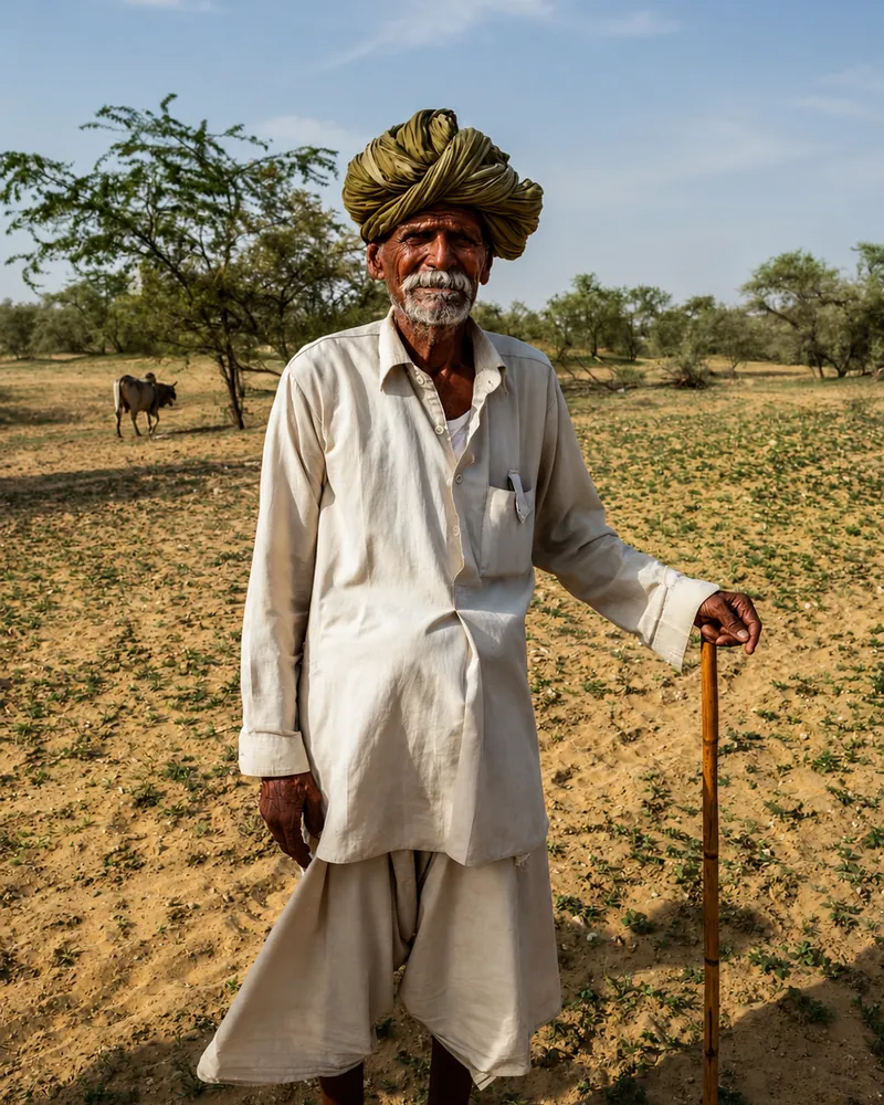 Agricultor de Rajastán, India, en un campo seco