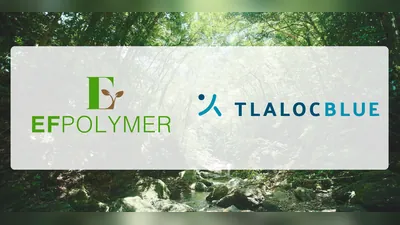 Logos of EF Polymer and TLALOC BLUE over a photograph of a river between rocks
